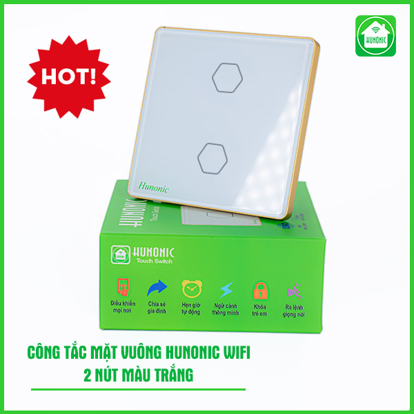 Công tắc Hunonic Wifi 2 nút hình vuông màu trắng